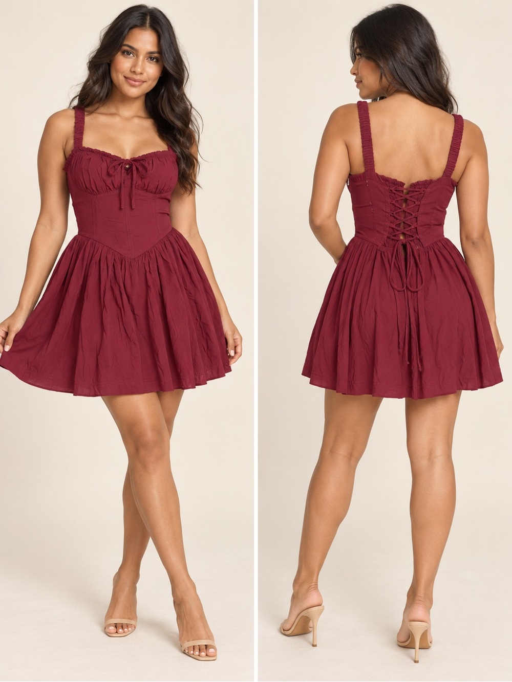IRIS Women’s Burgundy Corset Mini Dress Size M Lace Up Back Fit & Flare